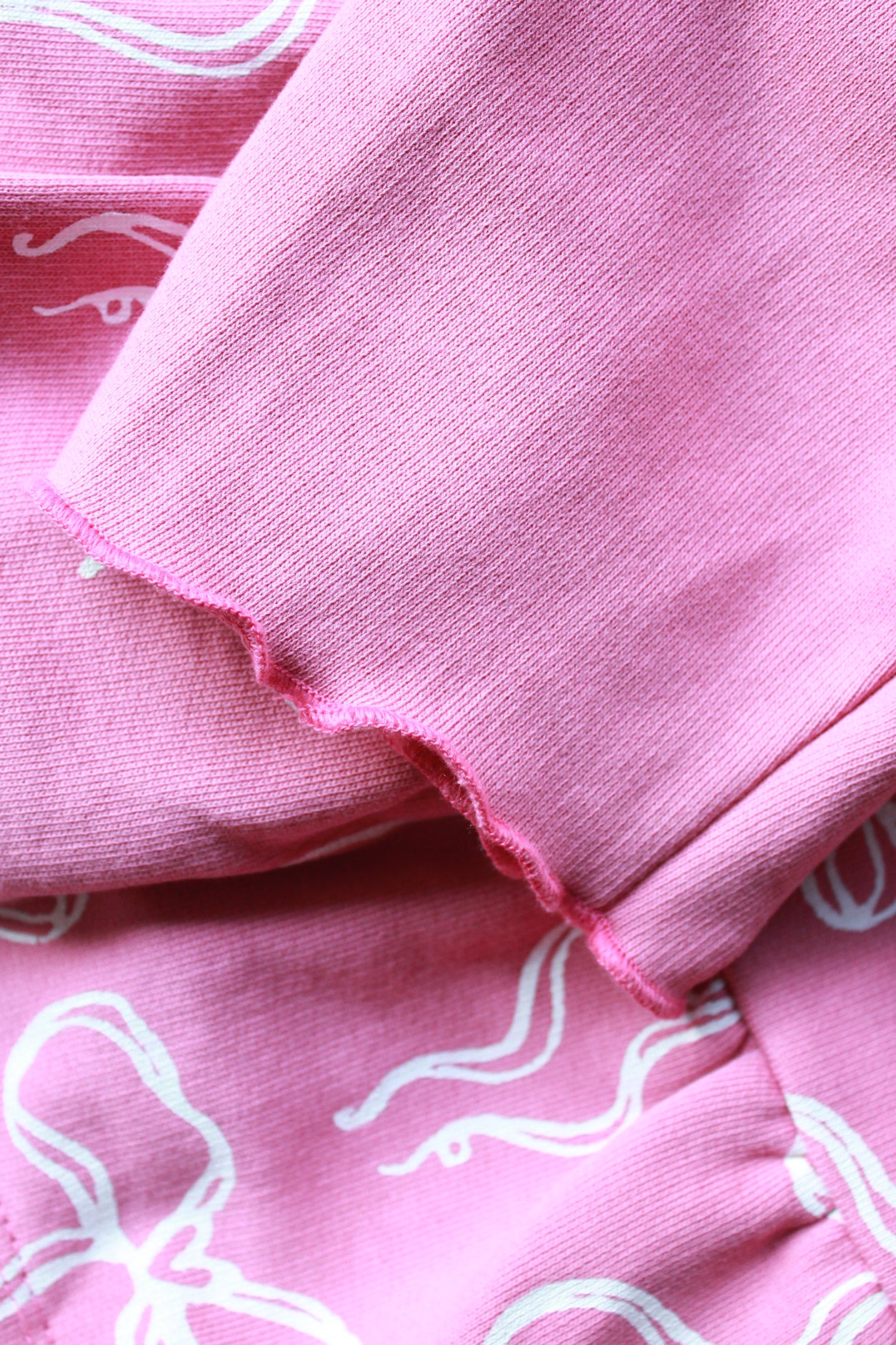 Close-up of pink fabric with white bow patterns