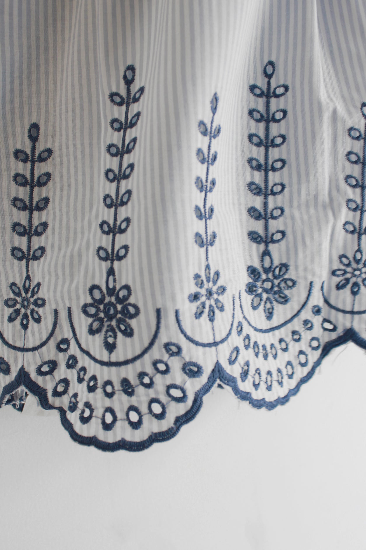 Close-up of a lace trim with blue floral patterns on a white background