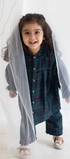 Child wearing a dark plaid outfit with a sheer overlay against a white background