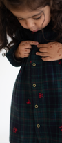 Child wearing a dark plaid dress with red embroidery on a white background