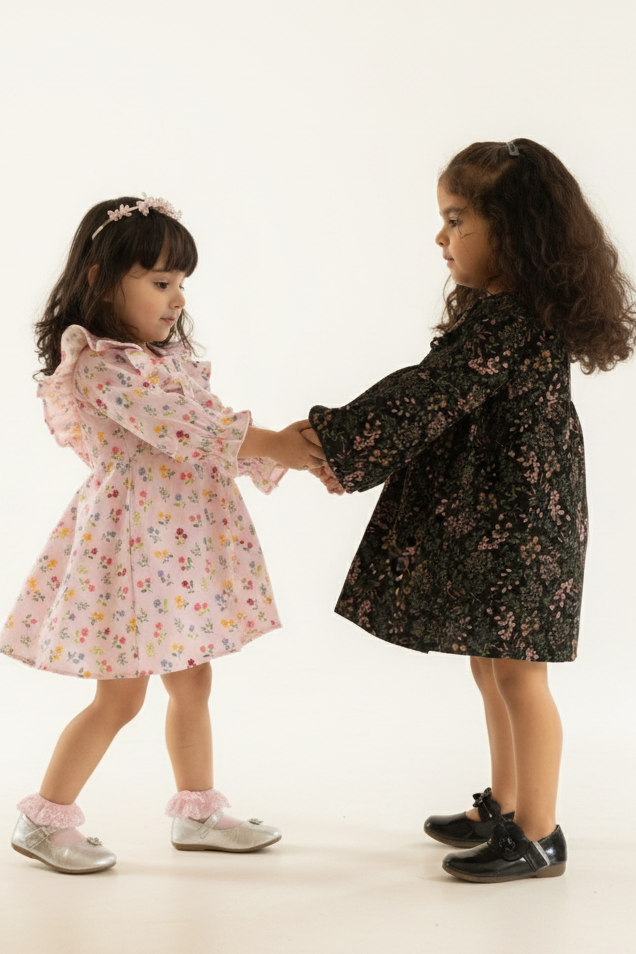 Two young girls holding hands in a room with white walls and a chair.