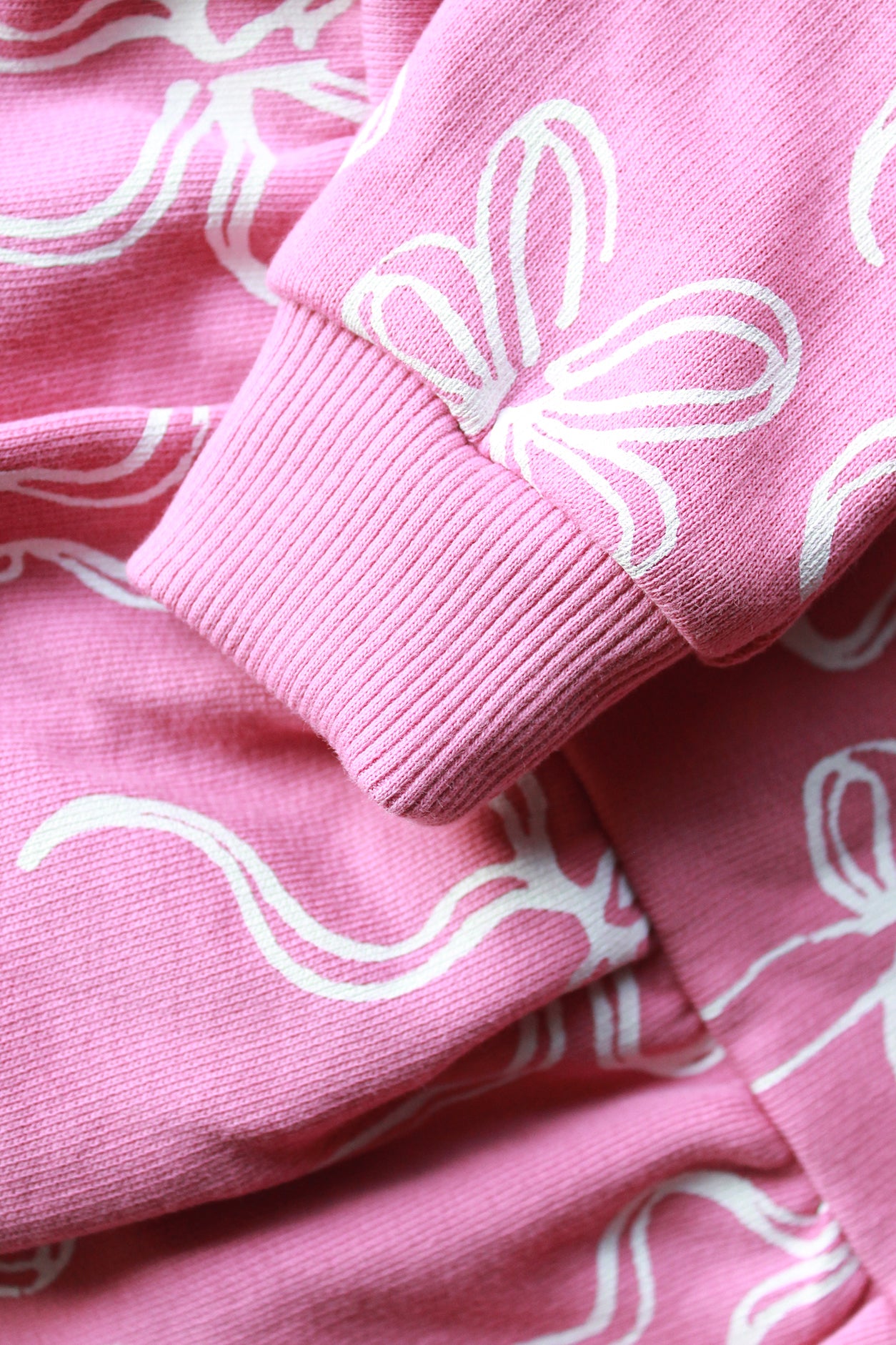 Close-up of pink fabric with white floral patterns