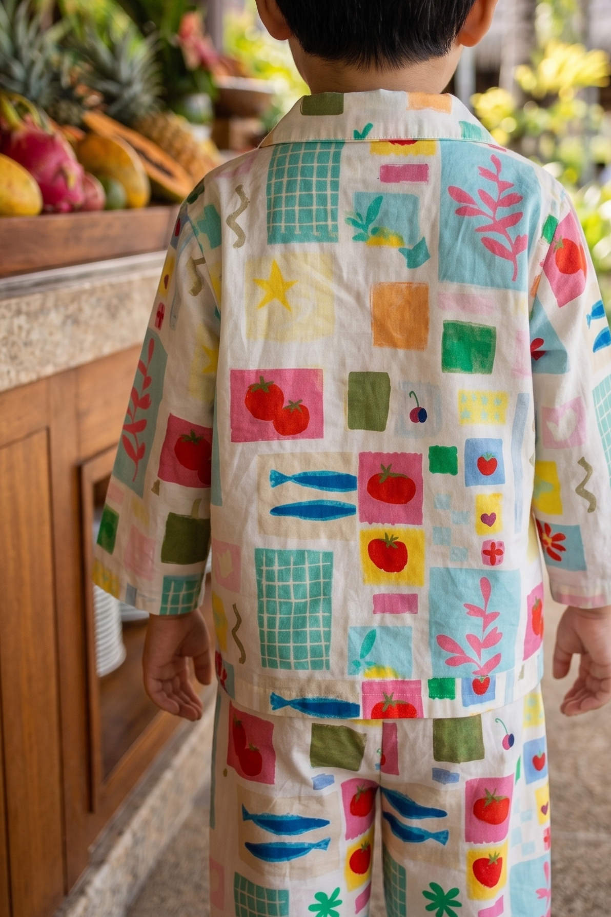 A child viewed from behind wearing a matching two-piece pajama set with a colorful patchwork print of fruit, fish, stars, and geometric shapes, standing in a tropical resort setting.